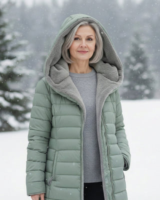 Manteau rembourré ultra-léger vert clair, capuche doublée en tissu gris