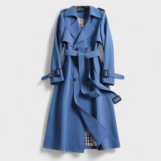 Trench-coat bleu en gabardine avec ceinture, boutons, manches longues et pattes