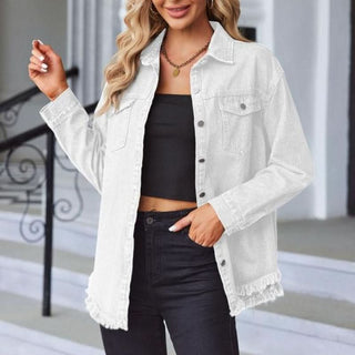 Veste en jean RHETT blanche, col chemise, boutonnage devant, poches plaquées
