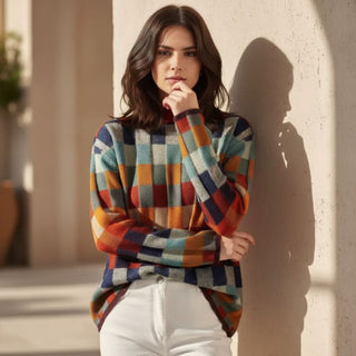 Pull en mérinos à carreaux multicolores, col montant côtelé rouge et manches longues.