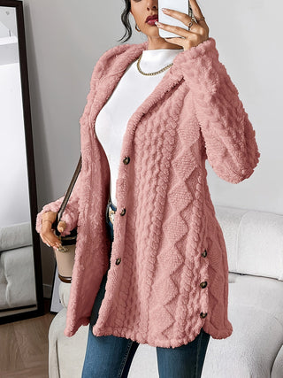 Cardigan femme rose poudré en tissu bouclé à capuche, boutons sur le devant