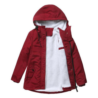 Parka FROSTHAVEN rouge à capuche, doublure sherpa blanche, fermeture zippée, poches