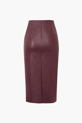 Edwina | Jupe midi en simili cuir avec effet drapé asymétrique
