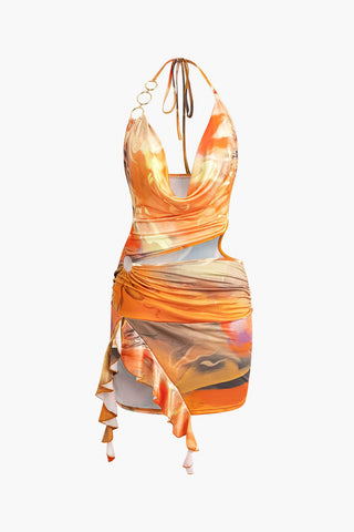 Mira | Robe Mini à Col Halter avec Fente Asymétrique et Imprimé Artistique