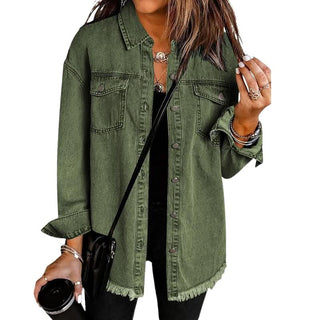 Veste en jean RHETT verte, col chemise, boutons devant, 2 poches poitrine