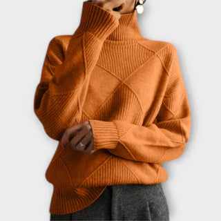 Pull à col haut confortable en maille côtelée orange, motif losanges croisés