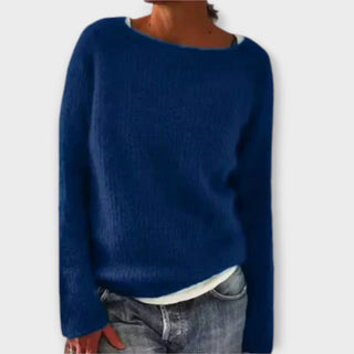Pull en maille à col rond, manches longues, bleu foncé.