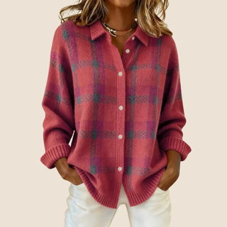 Pull à carreaux rétro rose et violet, boutonné devant, col chemise, manches longues