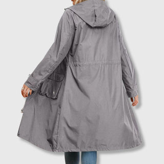 Manteau long à capuche gris, vue dos avec capuche et coutures