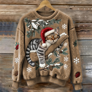 Pull femme kaki à motif chat festif: flocons, branches de sapin et gants