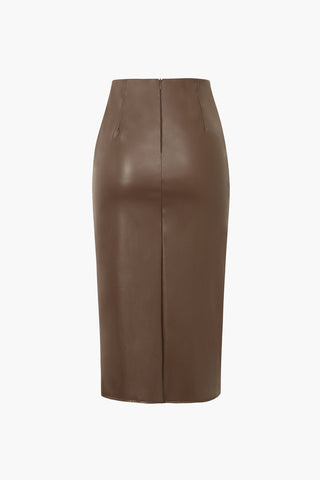 Edwina | Jupe midi en simili cuir avec effet drapé asymétrique