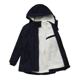 Parka FROSTHAVEN bleu foncé à capuche doublée sherpa, fermeture zippée, poches