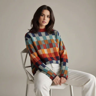 Pull en maille mérinos à carreaux multicolores et col montant rouge foncé.
