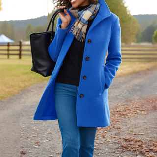 Manteau long bleu à boutons, col tailleur, coupe droite.