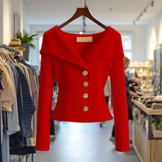 Cardigan en tricot rouge à manches longues, col croisé et boutons nacrés.