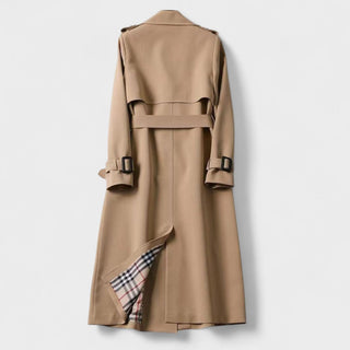 Trench-coat beige en gabardine, vue dos, patte et ceinture, boutons-pression