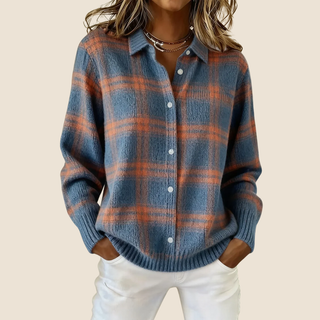 Pull à carreaux rétro bleu foncé, boutons devant, col chemise, manches longues