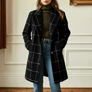 Manteau long en tweed à carreaux noir, col revers, boutonnage devant