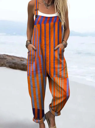 Combinaison sans manches rayée orange et bleu, poches et jambe ample.