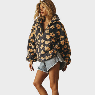 Pull en laine Martina bleu marine à fleurs jaunes, demi-zip, col montant