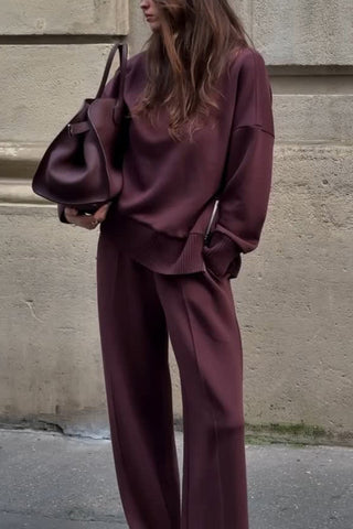 Ensemble femme bordeaux : pull manches longues et pantalon ample