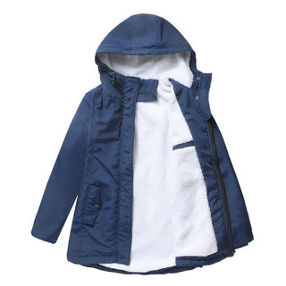 Parka FROSTHAVEN bleu marine à capuche, doublure sherpa blanche, fermeture zippée