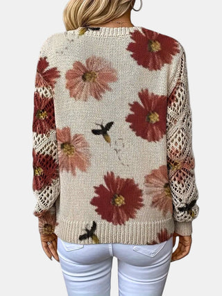 Pull femme au dos en tricot crème, fleurs rouges, manches ajourées