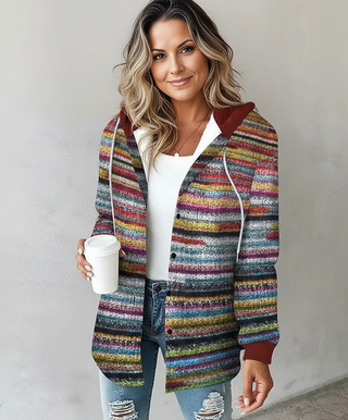 Manteau à capuche rayé multicolore, fermeture boutonnée, coupe mi-cuisse