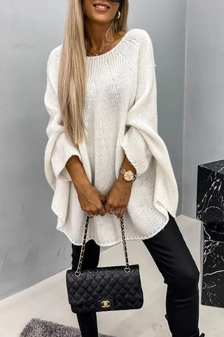 Poncho-blouse en tricot côtelé blanc cassé, encolure ronde, manches longues amples