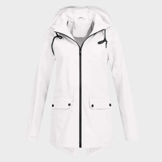 Manteau imperméable à capuche blanc cassé, fermeture zippée et poches plaquées