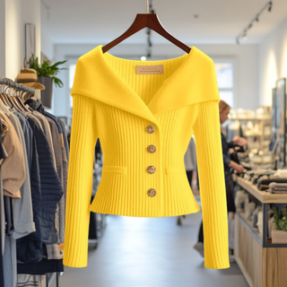 Cardigan en tricot jaune à manches longues, col croisé et boutons nacrés.