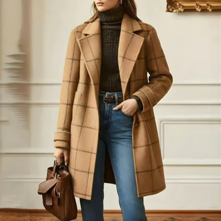 Manteau long en tweed à carreaux camel, col revers, boutons sur l’avant