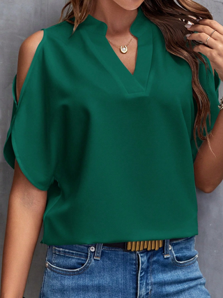 Blouse vert émeraude à col V, manches courtes évasées, tissu fluide