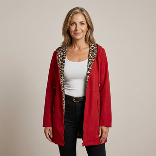 Manteau réversible à capuche rouge, doublure léopard beige et noire