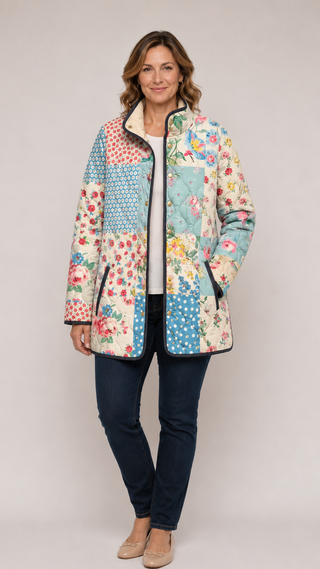 Veste matelassée multicolore à motif floral, fermeture zippée et bordure contrastée
