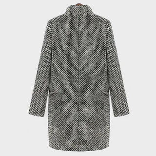 Manteau gris pied-de-poule au dos droit, col châle et fente arrière