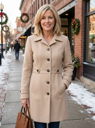 Manteau beige long avec col tailleur, boutons, poches à rabat et poignets boutonnés.