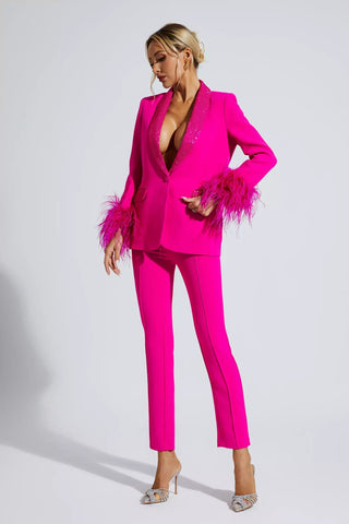 Ensemble pantalon et blazer avec détails en plumes pour femme