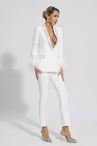 Ensemble pantalon et blazer avec détails en plumes pour femme