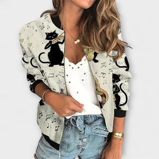 Veste avec fermeture zippée, manches longues, tissu blanc cassé à motifs chat noir