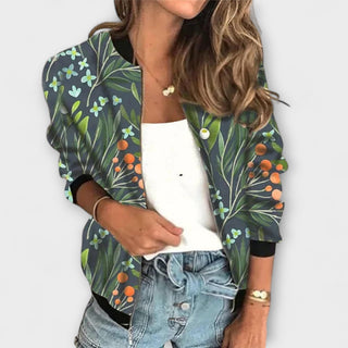 Veste avec fermeture zippée, manches longues, tissu vert foncé à feuilles et baies multicolores