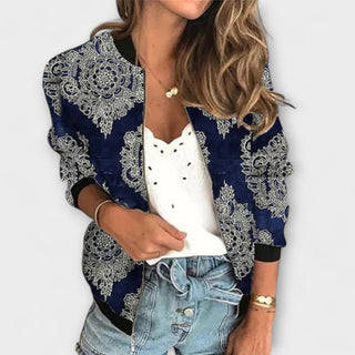 Veste avec fermeture zippée, manches longues, tissu bleu marine à motifs dentelle gris