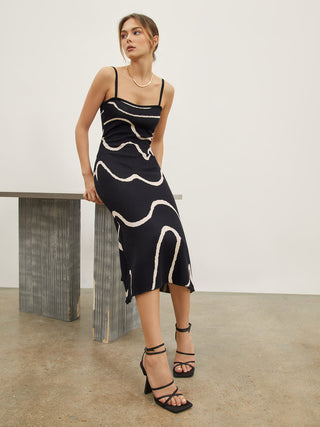 Maisie | Robe midi cintrée en béton avec motif abstrait et délicates bretelles spaghetti