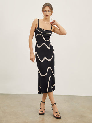 Maisie | Robe midi cintrée en béton avec motif abstrait et délicates bretelles spaghetti