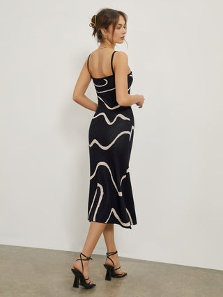 Maisie | Robe midi cintrée en béton avec motif abstrait et délicates bretelles spaghetti