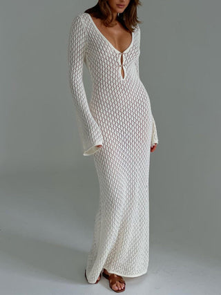 Greta | Robe maxi en crochet à décolleté en V avec manches cloche – Boho-Chic pour l'été
