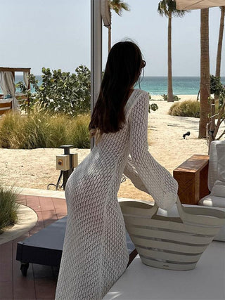 Greta | Robe maxi en crochet à décolleté en V avec manches cloche – Boho-Chic pour l'été
