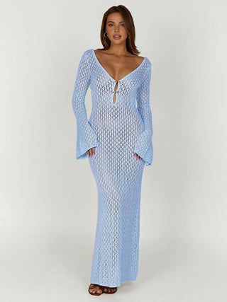 Greta | Robe maxi en crochet à décolleté en V avec manches cloche – Boho-Chic pour l'été