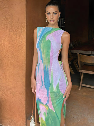 Isla | Robe Maxi Sans Manches avec Imprimé Aquarelle – Élégance Artistique