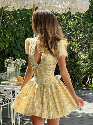 Magdalena | Robe Bodycon à Manches Bouffantes avec Fleurs Jaunes